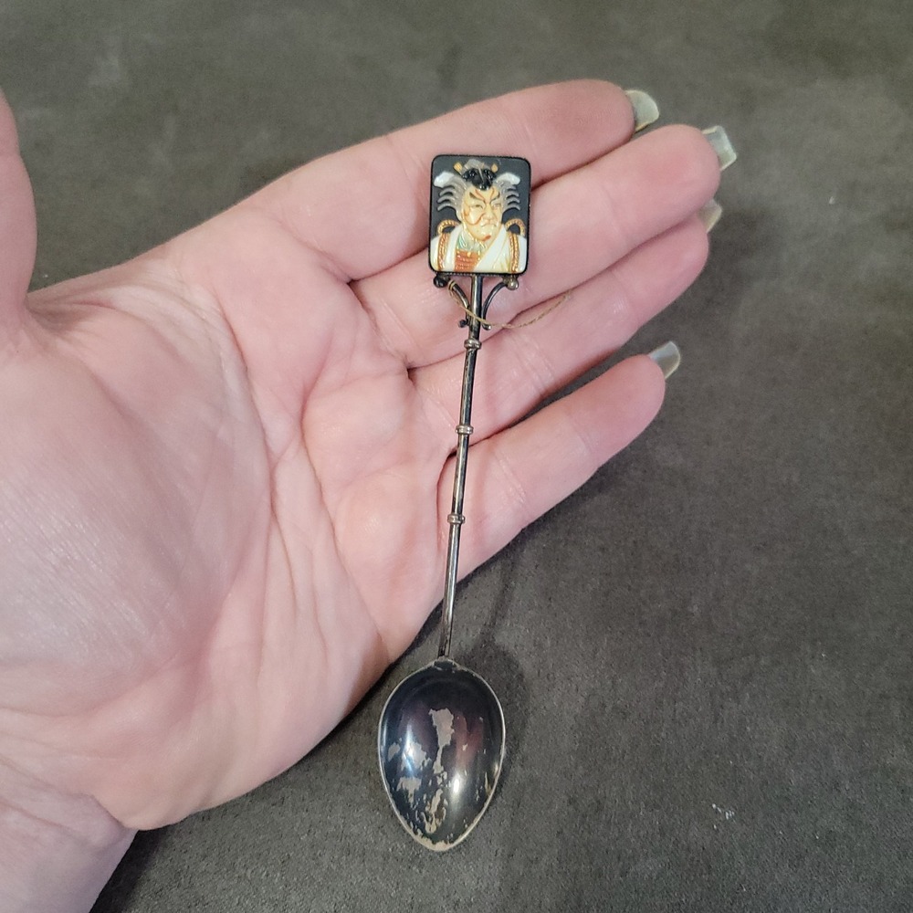 Vtg Toshikane Japan Silver Souvenir Spoon Temple Hand Painted 5" Spoon Porcelain